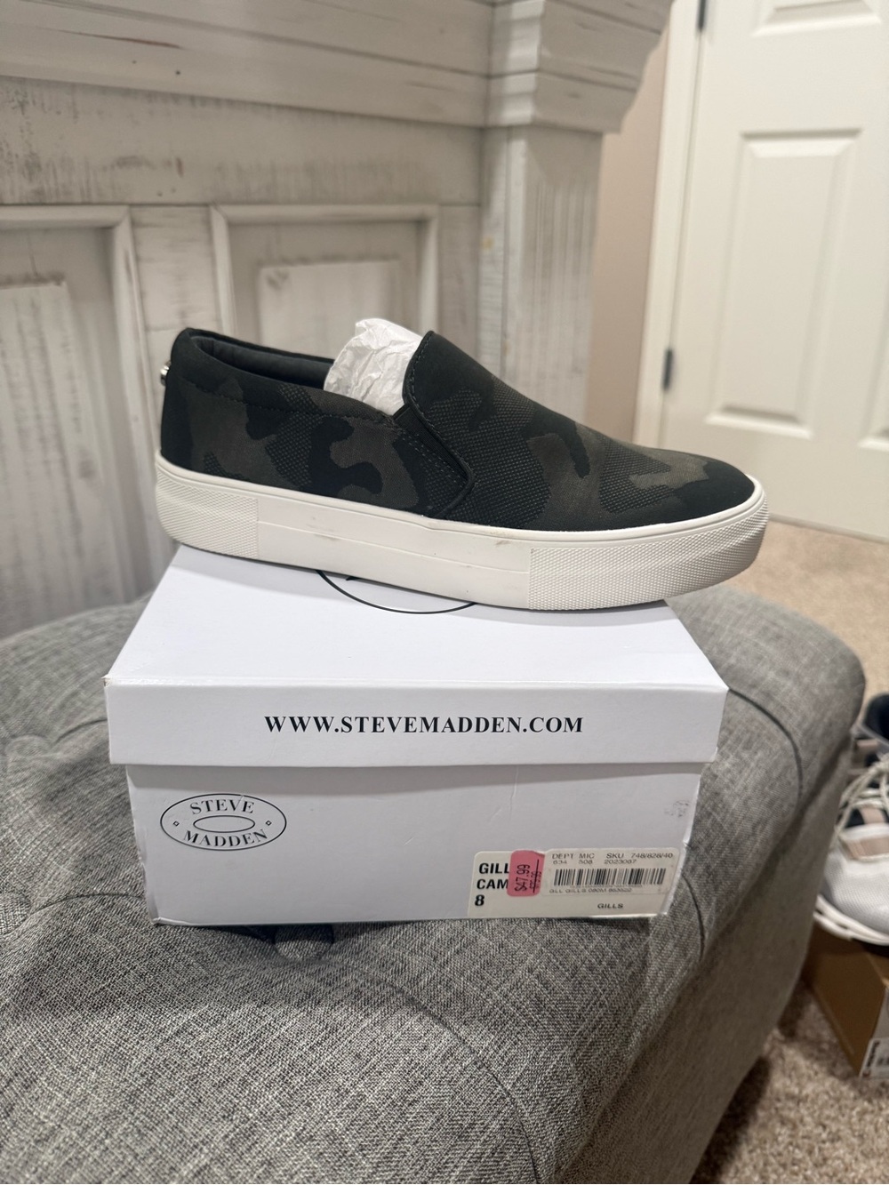 Steve Madden Men’s Black Camo Slip-On Sneakers with White Platform Sole